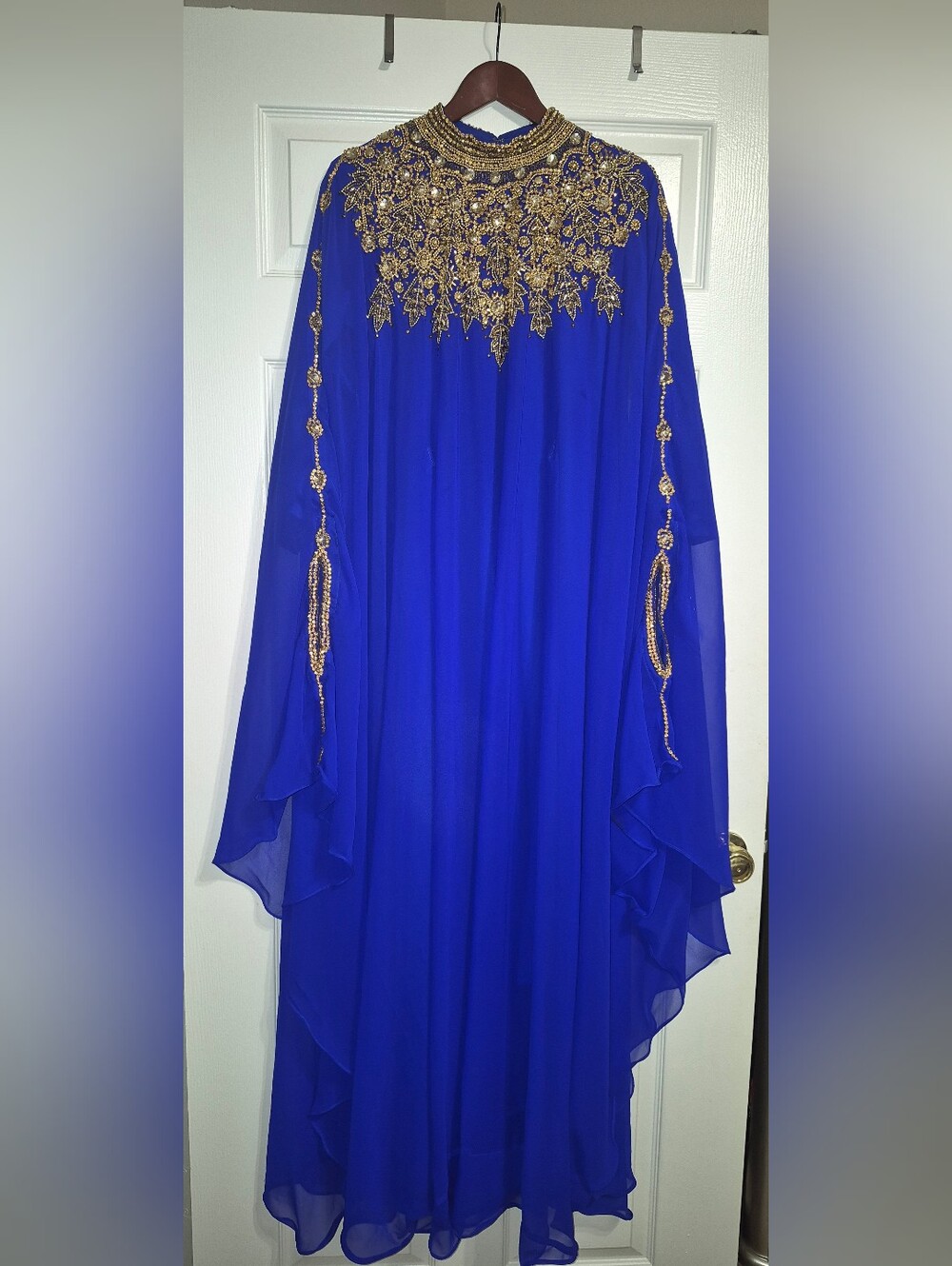 Embellished Royal Blue Maxi Dress with Gold Details And Crystal Embellishments!